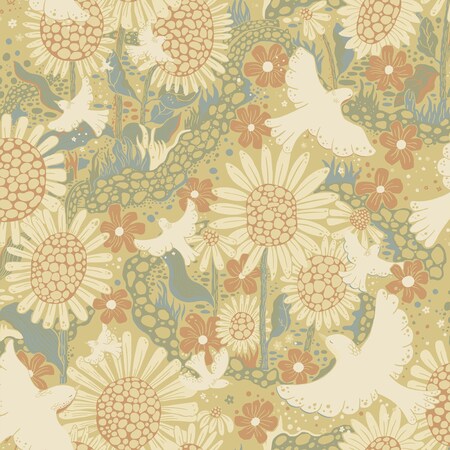 Manhattan Comfort Roubaix Drmma Coral Songbirds and Sunflowers 33 ft L X 209 in W Wallpaper BR4111-63008